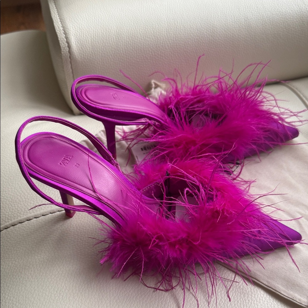 Zara Satin Slingback Pumps‎ Pointed Toe Feather Heels - Picture 5 of 17